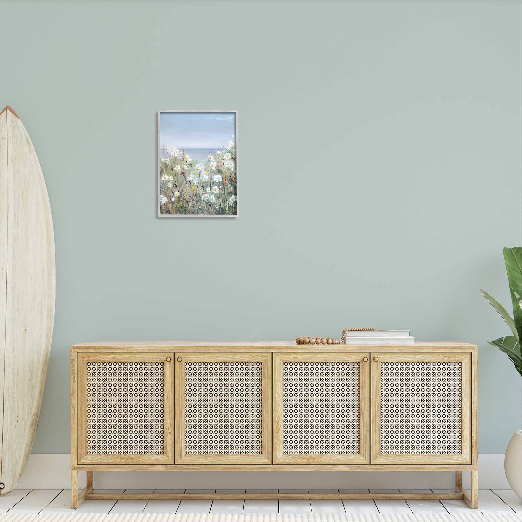Stupell Industries Spring Daisy Flower Blooms Beachside Ocean View Painting Gray Framed Art Print Wall Art, Design by Sally Swatland
