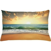 Lunarable Ocean Throw Pillow Cushion Cover, Sunset at Smooth Sandy Beach with Small Wave and Bubbles from The Sea Picture, Decorative Rectangle Accent Pillow Case, 26" X 16", Apricot Blue