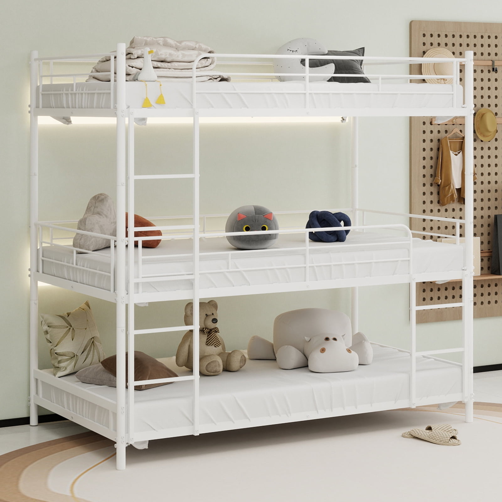 Alvantor Triple Bunk Bed for Kids Teens, Metal Twin Over Twin Over Twin Bed Framewith Ladders and Safety Guardrails White