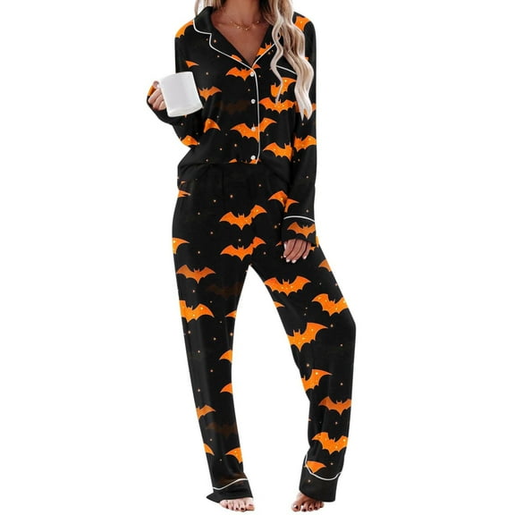 successthop Halloween Pajamas Spooky Printed Long Sleeve Tops with Full Pants Button with Pockets Loungewear
