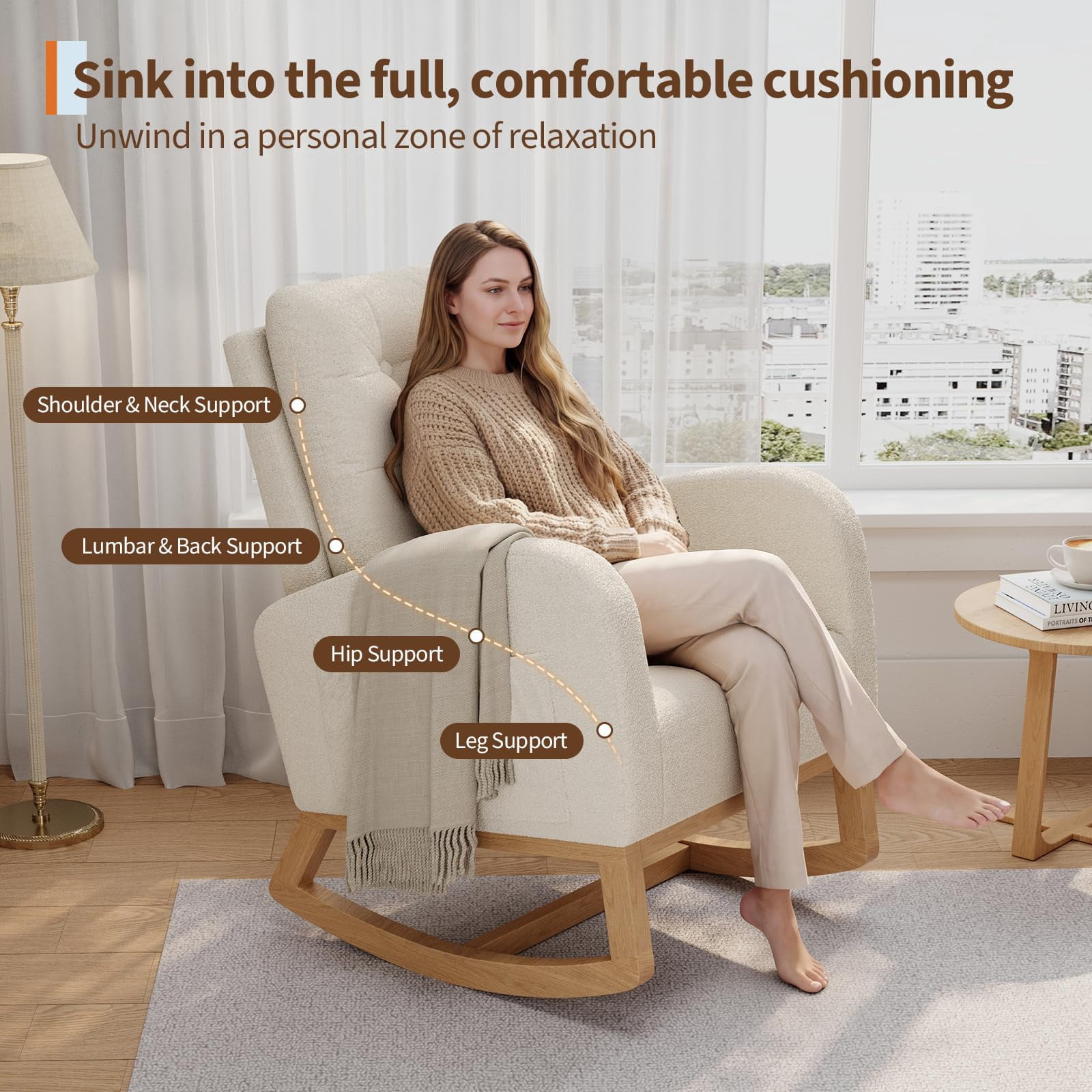 PYY High Back Modern Rocking Chair for Nursery, Home Office or Living Room – Comfortable Boucle Upholstery, Sturdy Wooden Legs, Easy Assembly – Accent Armchair, White Lambswool Without Footrest