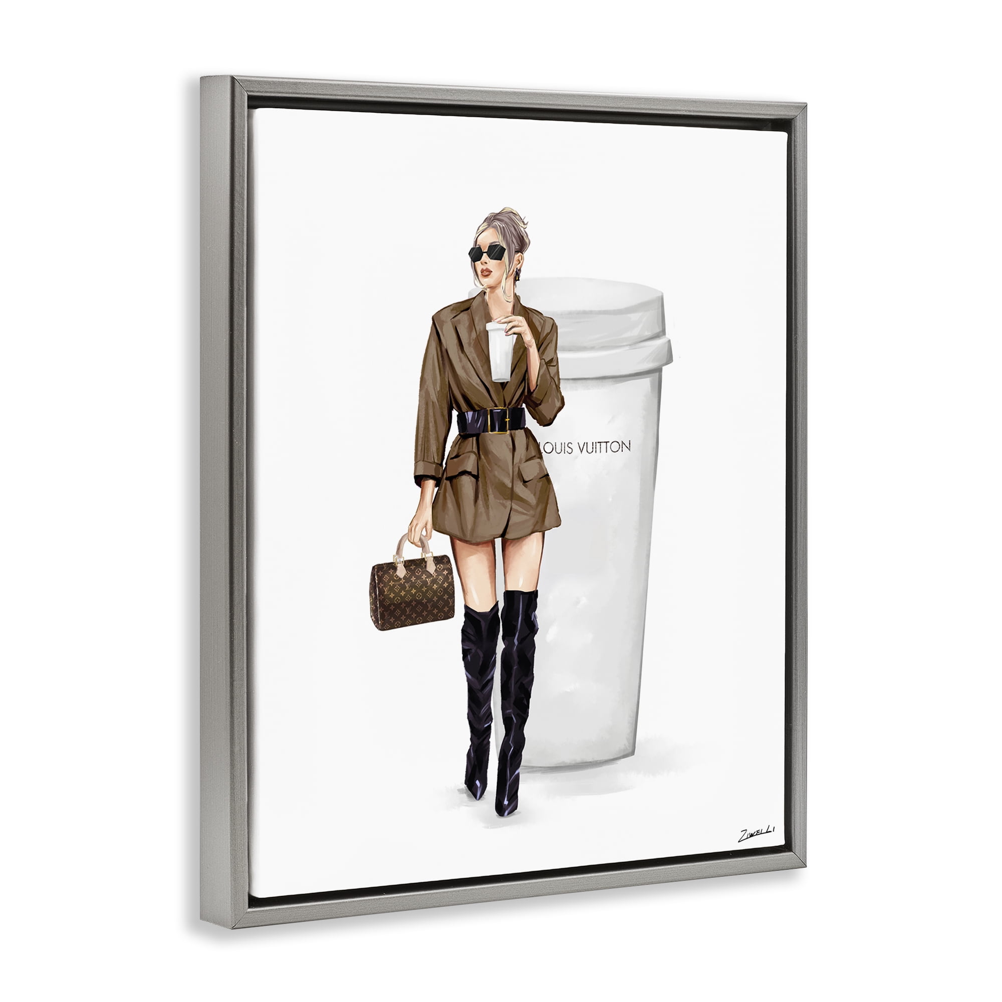 Stupell Industries Chic Fashion & Coffee Cup People Painting Gray Floater Framed Canvas Art Print Wall Art, 17 x 21