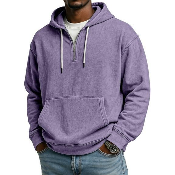 Mens Hoodies Pullover Quarter Zip Casaul Long Sleeve Drawstring Waffle Knit Hooded Sweatshirt with Pocket Purple 2XL