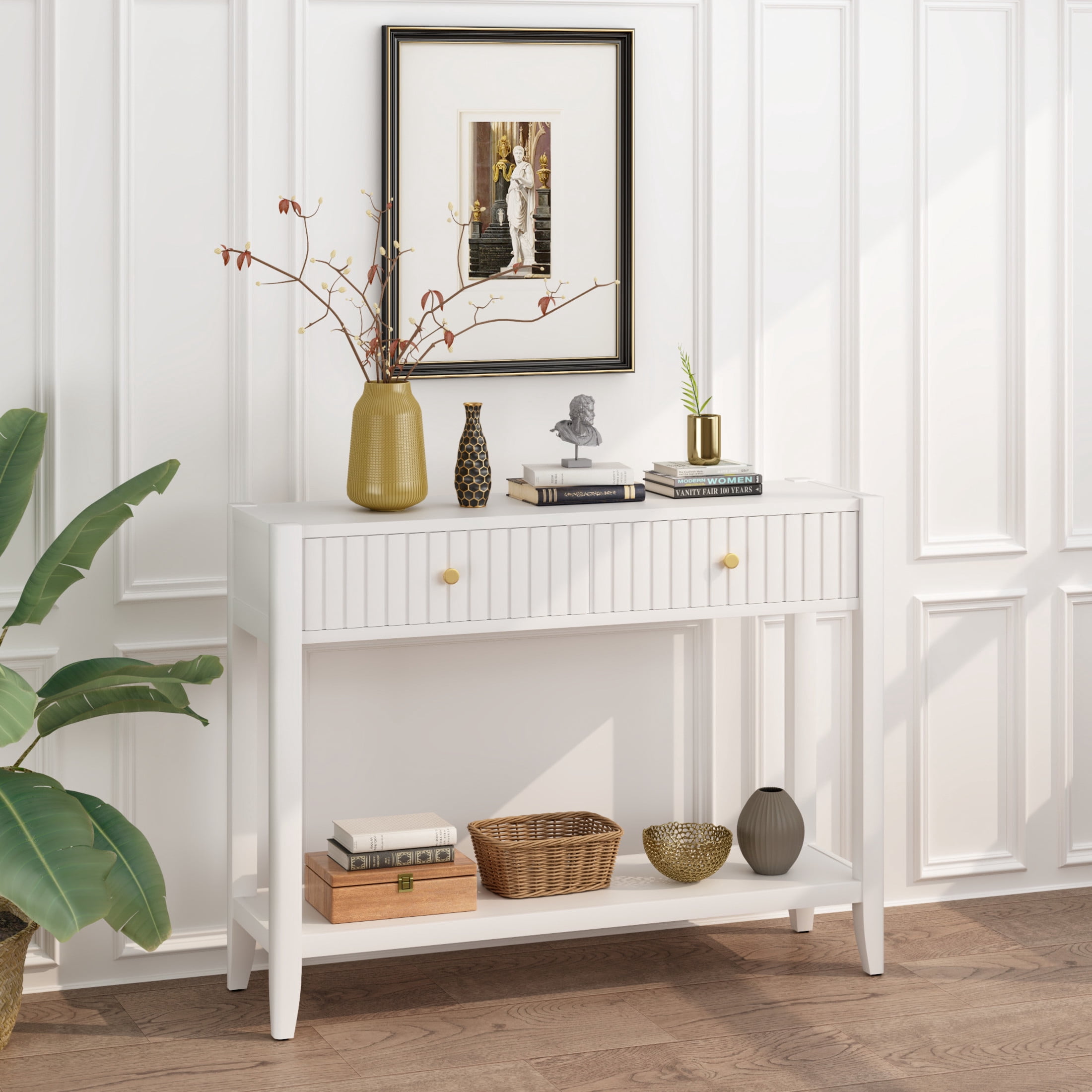 Noble House Narrow Wooden Console Table, Entryway Accent Sofa Table with Hidden Drawers and Storage Shelf, White