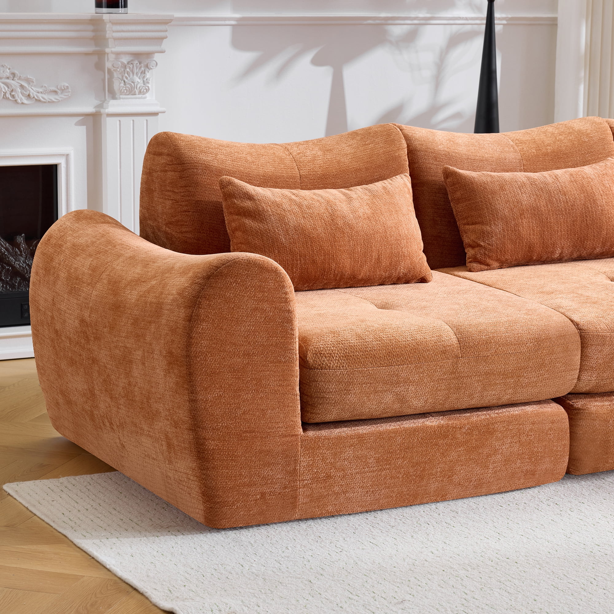 GARITIN Flannelette Fabric Modular Cloud Sectional Sofa Bed, Orange