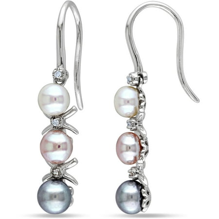 Freshwater Multi-Color Pearl with Diamond Accent Sterling Silver Drop Earrings