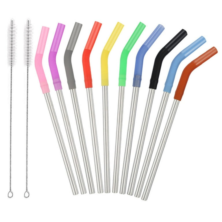 12pcs Stainless Steel Straws Set Silicone Suction Nozzle Straw Reusable  Chewy Drinking Straw (10 Mixed Color Straws+2 20cm Brushes)
