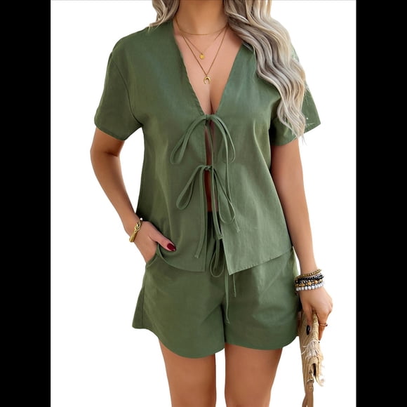 Conjuntos de Verano para Mujer: Camiseta con Cuello en V y Lazo Delantero, Pantalones Cortos Casuales A Juego, Conjuntos de 2 Piezas Verde L