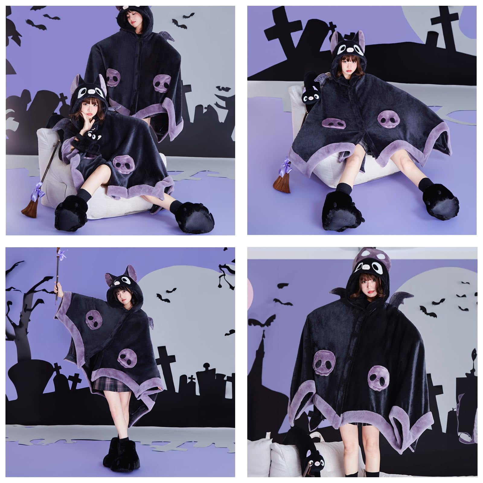 Cute Bat Blanket Hoodie, Wearable Bat Blanket Adult for Halloween Cosplay, Soft Hooded Bat Cape for Women