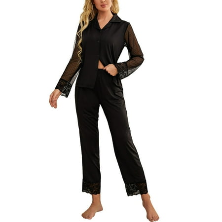 

Stain Ice Silk Women Long Sleeve 2 Pieces Lace Panel Suits Lapel Homewear