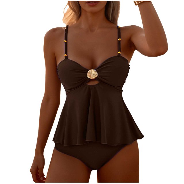 Classic Conservative Bikini Set Solid Color Top & Briefs, Full Coverage with Removable Padding, Everyday Swimsuit
