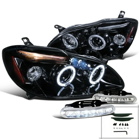 Toyota Corolla Headlamp 2009 Spec-D Tuning For 2003-2008 Toyota Corolla Halo Glossy Black Projector Headlights + Led Fog Lamps (Left + Right) 2003 2004 2005 2006 2007 2008 ()