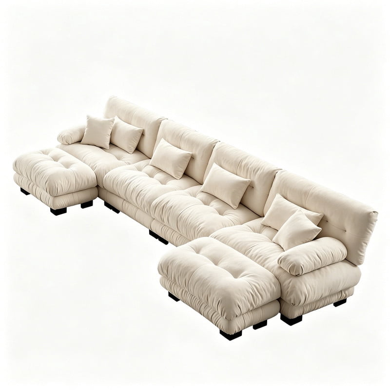 ANPPORT Cloud Couch Sleeper Sofa, Chenille Light Coffee 4-Seater Modular Sofa with 2 Ottomans, 4 Lumbar pillows,2 Pillows, Comfy Deep Seat Cloud Sofa, Convertible L-Shaped Floor Couch for Living Room