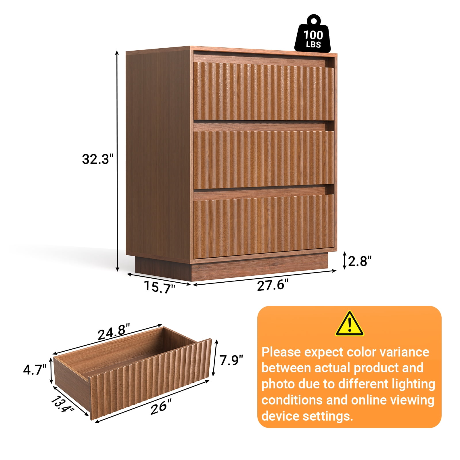 UPGO 27.5'' Fluted Dresser for Living Room, Bedroom, Hallway, Entryway with Deep 3 drawers, Wooden Dresser