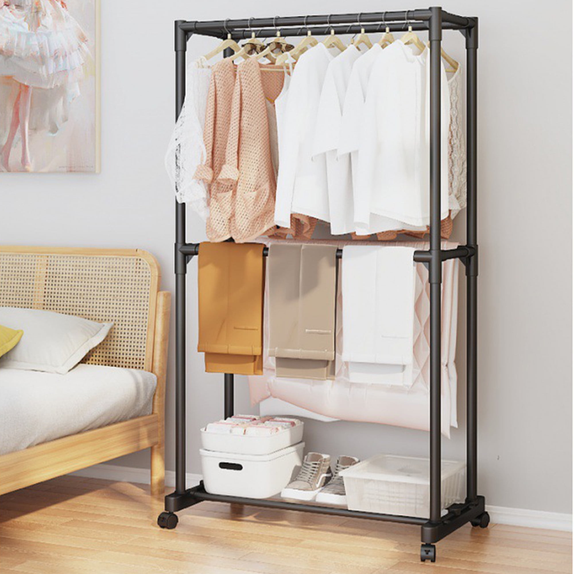Nefoso Clothing Garment Rack Round Clothes Rack with 4 Universal Wheels and Shelf Standard Rolling Clothes Organizer Black Shop 2024 Deals Walmart