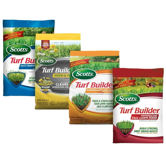 Scotts Turf Builder Halts Crabgrass Preventer, Weed & Feed5, SummerGuard and WinterGuard, 4 Bag Bundle, Large Lawns