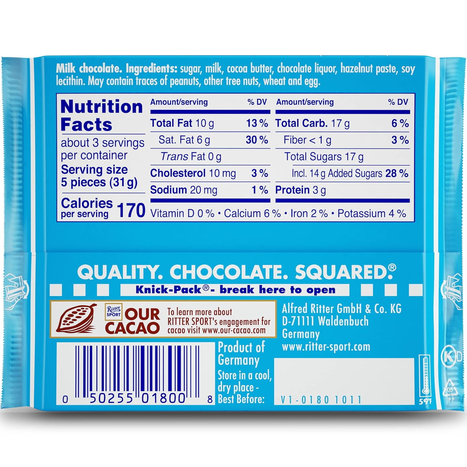 Ritter Sport, Alpine Milk Chocolate, 3.5-Ounce Bars (Pack of 12)