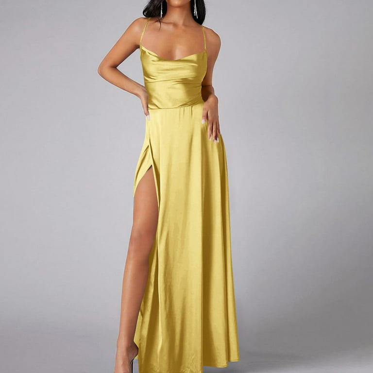 Cavosen Long Dresses for Women Formal Yellow Elegant Spaghetti Strap  Sleeveless Party Dress Side High Split Ankle Length Maxi Dress Flowy  Backless Bodycon Wrap Wedding Guest Dress - Walmart.com