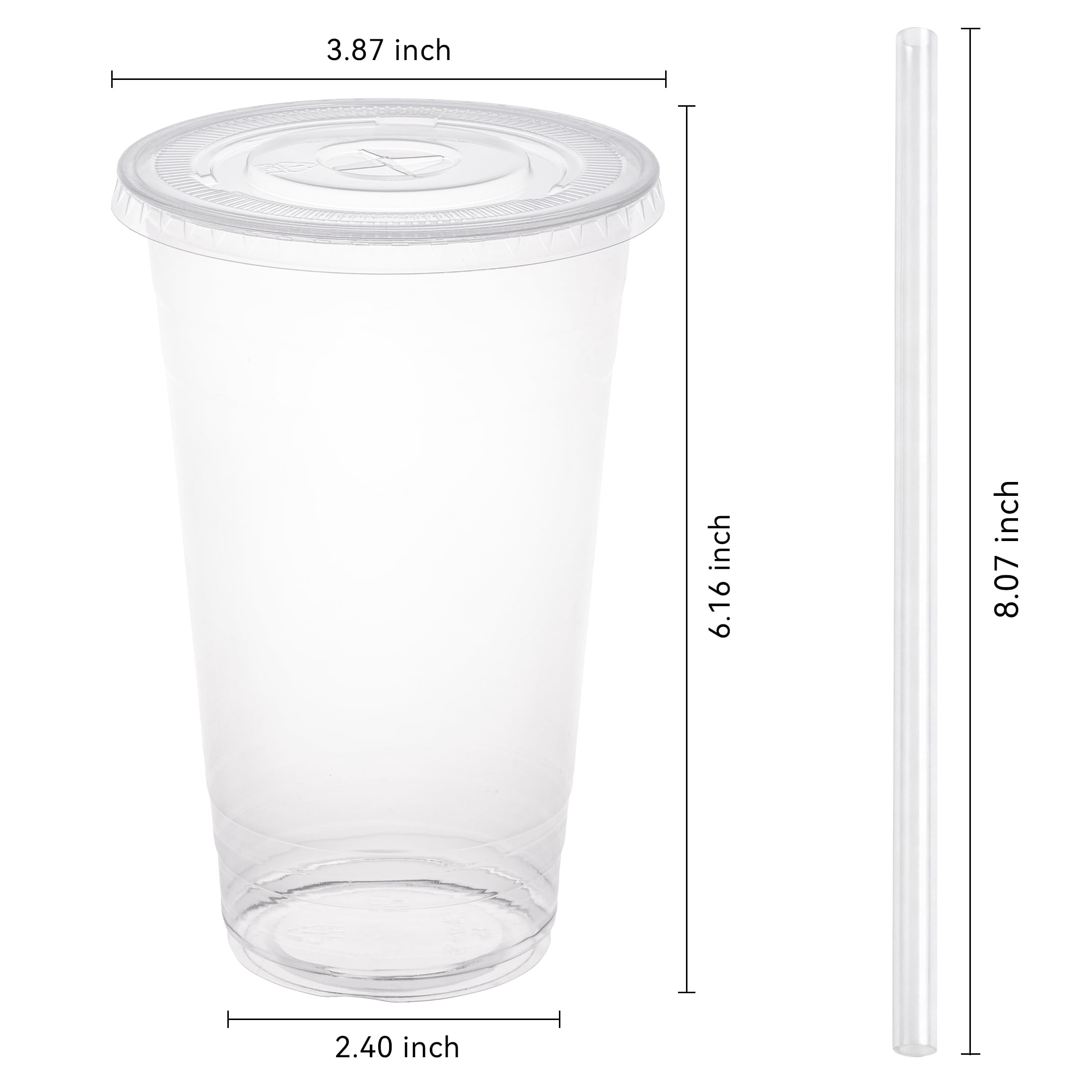 Family Essentials 100 Pack 24 Fl Oz Clear Plastic Cups with Lids and Straws, Disposable To-Go Cups for Iced Coffee, Smoothies & Cold Drinks
