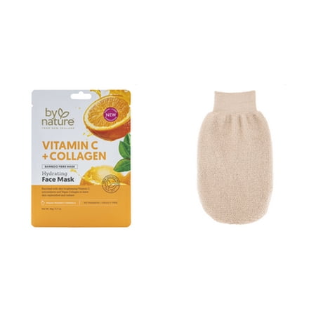 By Nature Skincare from New Zealand Vitamin C and Collagen Sheet Face Mask to Brighten and Hydrate Dull Skin & Exfoliating Bath Mitt Bundle