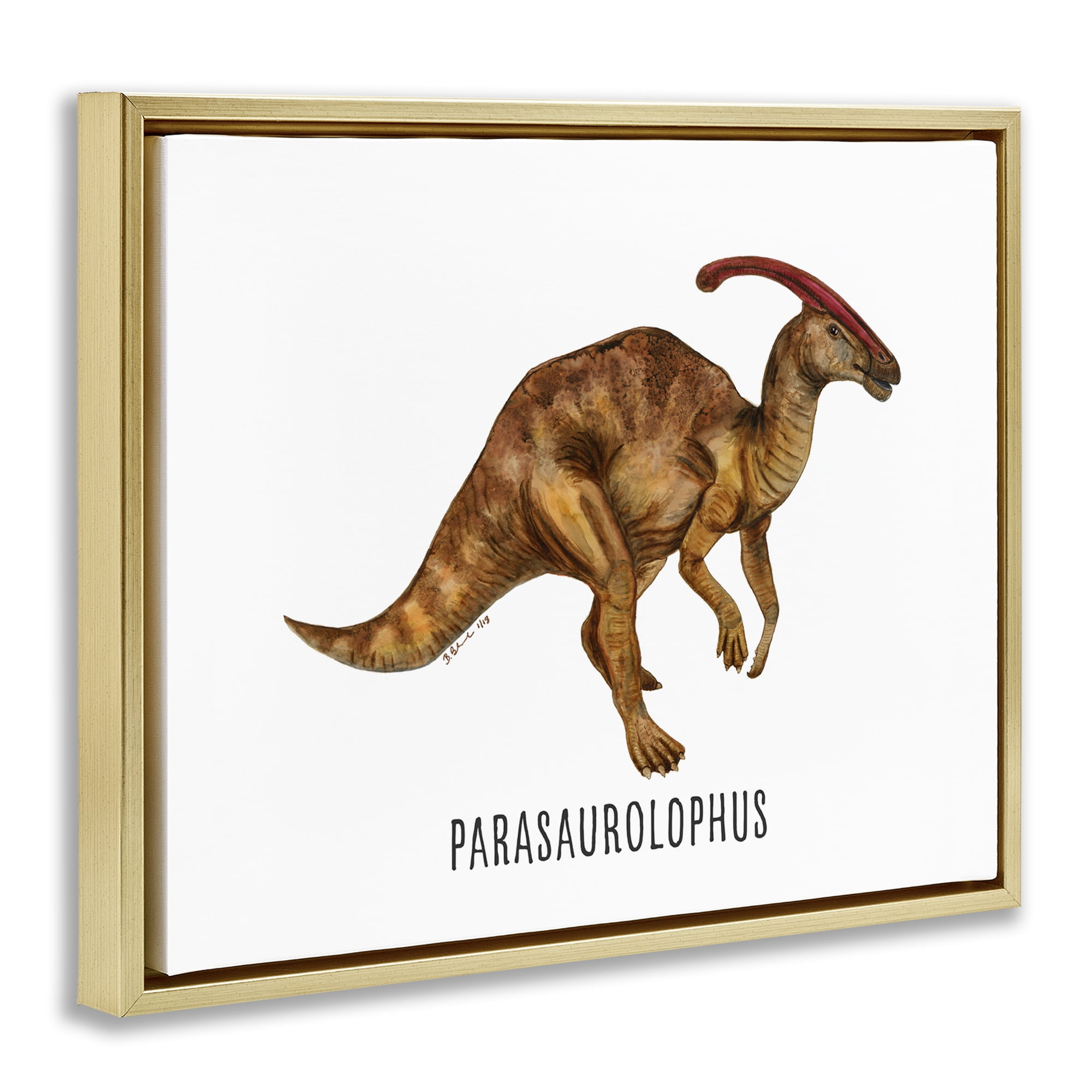 Stupell Industries Parasaurolophus Dinosaur Learning Animals Painting Gold Floater Framed Canvas Art Print Wall Art, 31 x 25