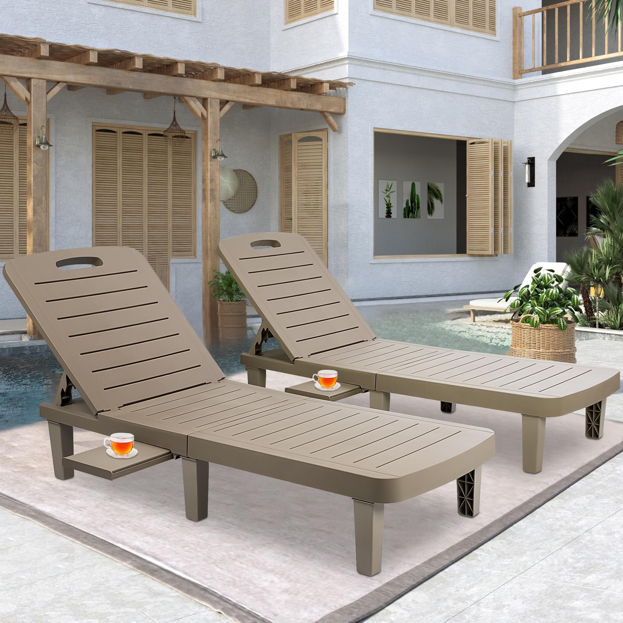 Patio Lounge Chair Set of 2, Adjustable Chaise with Side Table, Outdoor Lounger Recliner for Poolside, Patio, Backyard, Wood Texture Design | Waterproof | Easy to Assemble | Max Weight 330 lbs Gray