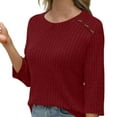 thumbnail image 5 of Ltctricy Women's Tops 3/4 Length Sleeve Crew Neck Ribbed Knit Button Front Fleece T Shirts Loose Tee Blouses Dressy Casual Tees(Wine,X-Large), 5 of 5