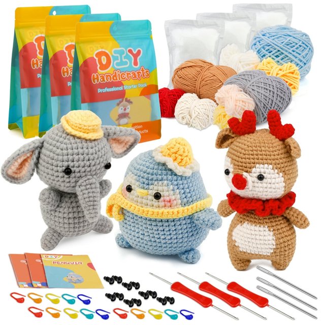 YOPTOP Beginners Crochet Kit 3 Pack Cute Small Animals Kit for Beginers and Experts All in One Crochet Knitting Kit Step-by-Step Instructions Video Crochet Starter Kit for Beginner DIY