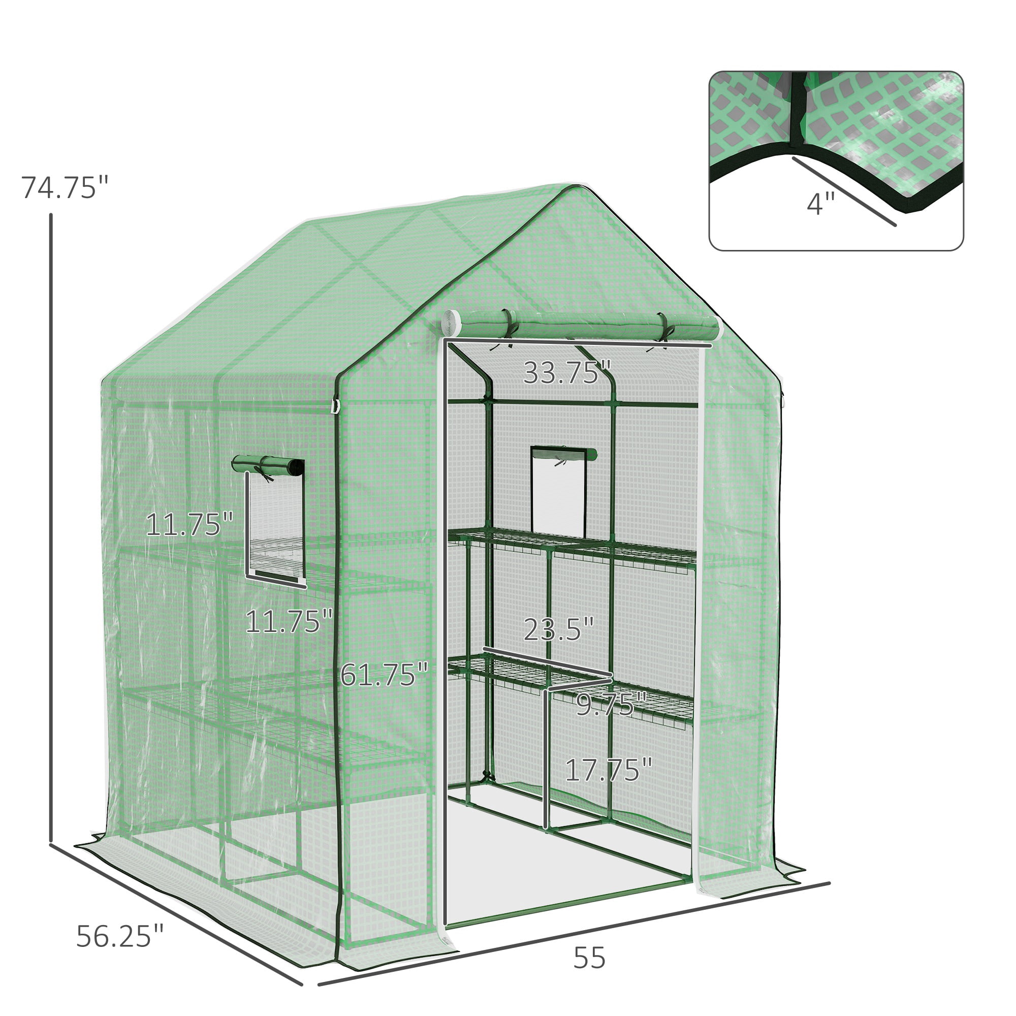 Outsunny 4.6' x 4.7' Small Portable Walk-In Greenhouse w/ Shelves, Green