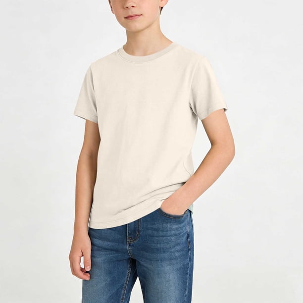 Blusas y camisas de manga corta con cuello redondo, color liso, para niños, camisetas de manga corta con cuello redondo, tallas medianas y grandes, top informal y cómodo, top de poliéster para niña
