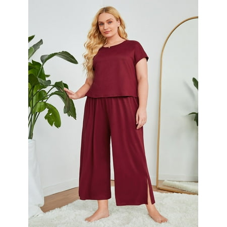 

Burgundy Casual Women s Plus Keyhole Back Split Hem Pajama Set 2XL(16) Y22001D