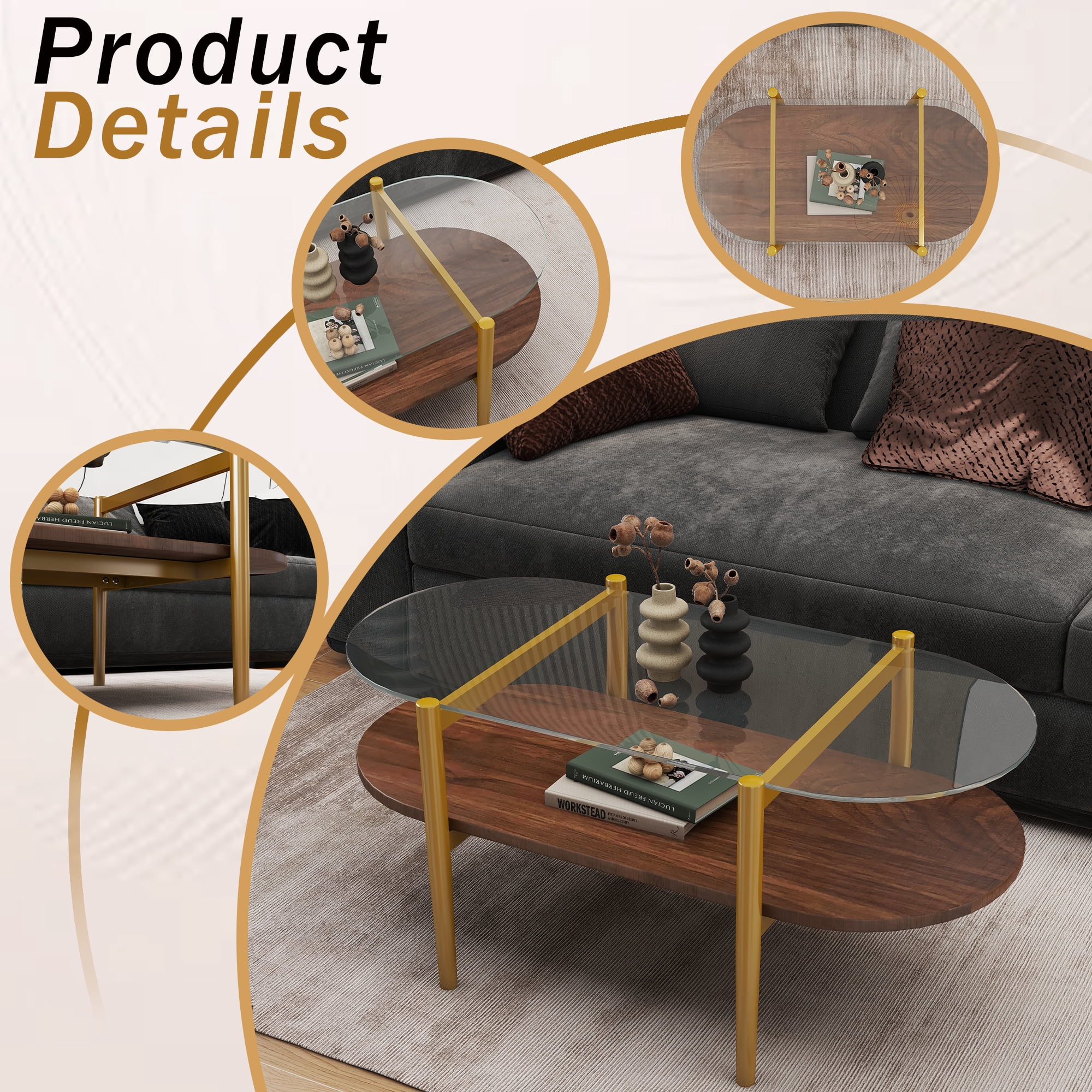 Oval Modern Glass Coffee Table Double Layer Storage Transparent Brown MDF Living Room