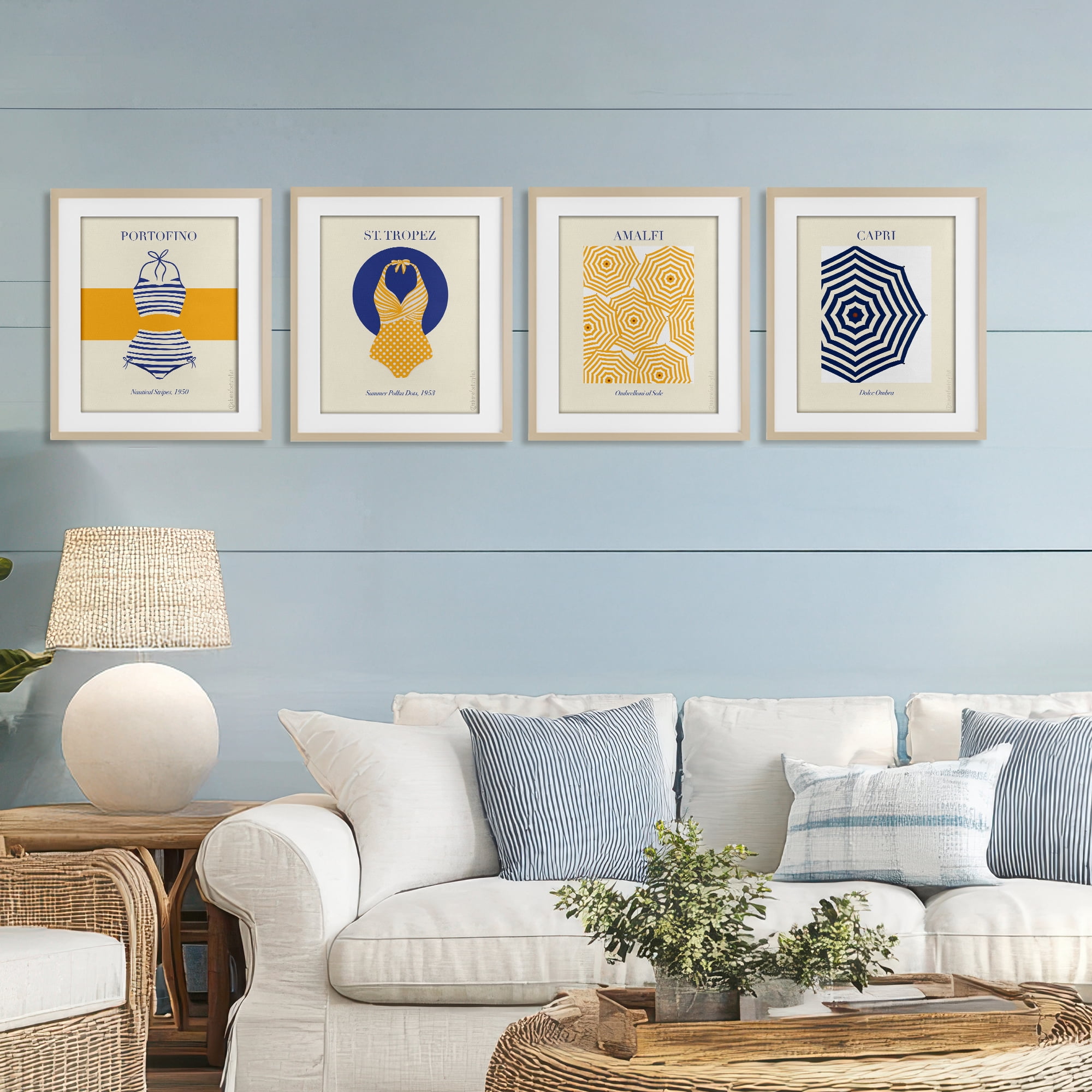 Stupell Industries Retro Beach Vacation Elements 4 Piece Birch Framed Print Under Glass Set, design by A Barefoot Stylist