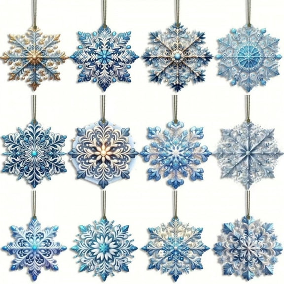 12 Pack Blue White Snowflake Wooden Christmas Ornament Set Carved-Style Printed Hanging Pendants Winter Tree Decor for Xmas Mantel Window Wall Holiday Party