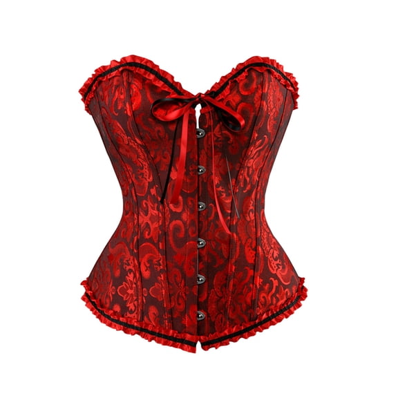 Halloween Jacquard Ruffle Trim Black Overbust Corset Lace Up Waist Trainer Gothic Party Shapewear