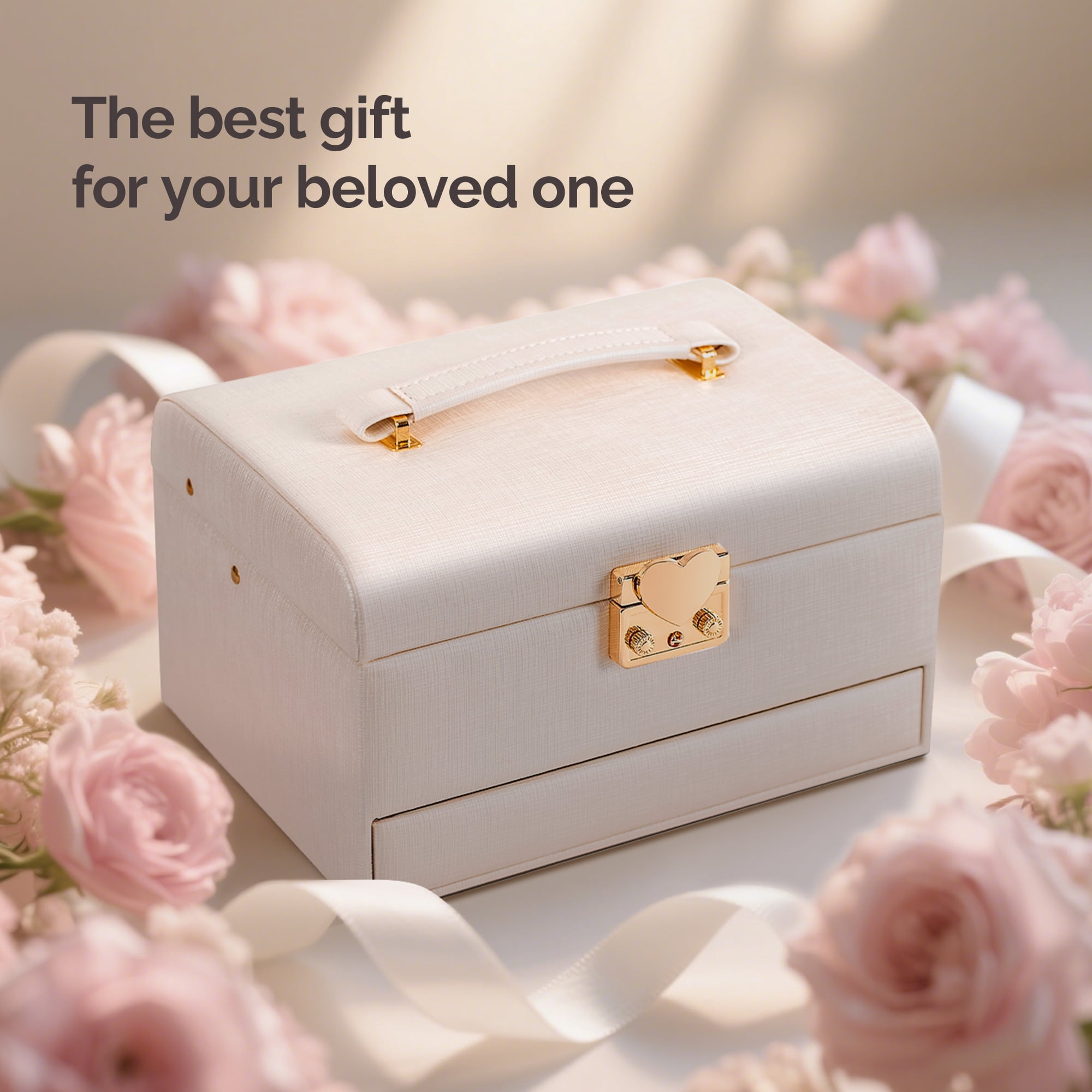 Casegrace Heart Shaped Lock Jewelry Box With Sync Open/Close Drawer, Multi-Layer Storage Case, Built-in Mirror, Portable Jewelry Organizer for Women Rings, Earrings, Necklaces, Valentine’s Day Gift