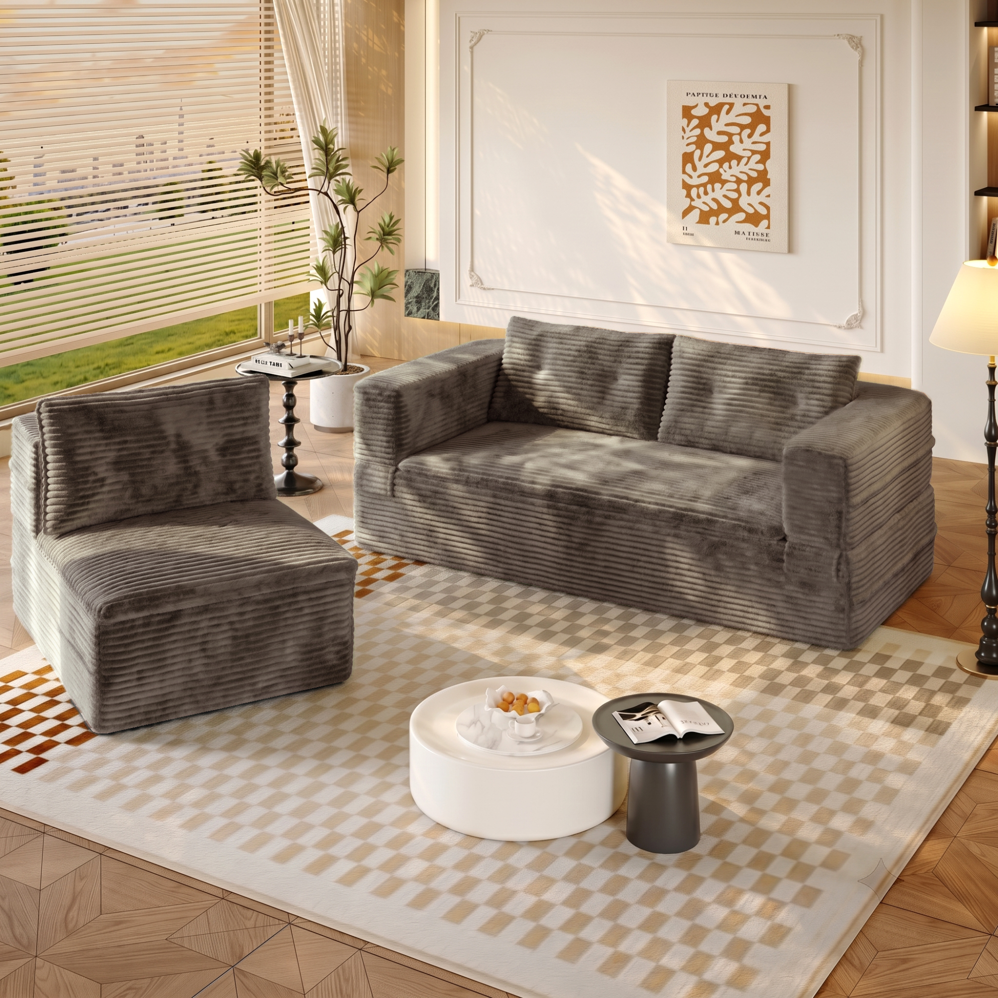 HOQBN 80" King Size Sleeper Sofa Bed, Plush Corduroy Deep Seat Sofa Couch with Independent Chaise and Functional Blanket for Living Room, Bedroom Coffee