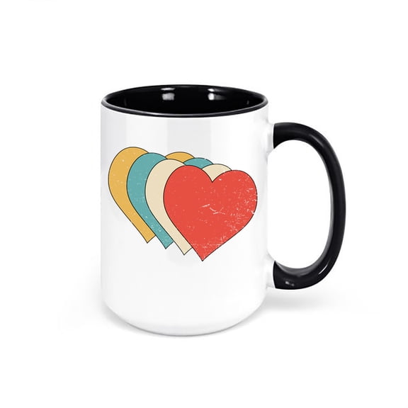 Heart Mug, Colorful Hearts, Valentine's Day Mug, Heart Coffee Cup, Gift For Her, Valentine's Mug, Sublimated Design, Vintage Hearts, Retro, BLACK