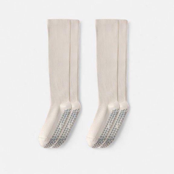 Women's 2-Pack Long Ribbed Non-Slip Socks with Grip Soles for Indoor Comfort and Support - Beige