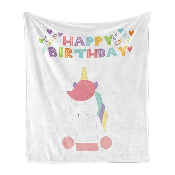 Unicorn Party Soft Flannel Fleece Throw Blanket, Happy Birthday Lettering with Simplistic Doodle Fairy Tale Animal, Cozy Plush for Indoor and Outdoor Use, 50" x 60", Multicolor, by Ambesonne