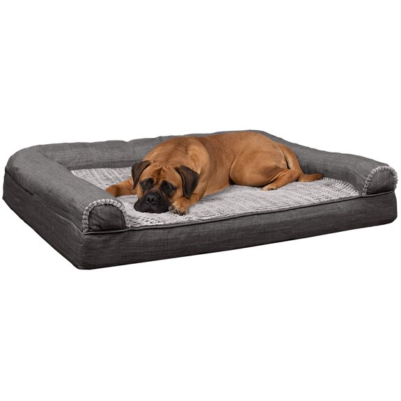 FurHaven Pet Products Luxe Fur & Performance Linen Full Support Orthopedic Sofa Pet Bed for Dogs & Cats - Charcoal, Jumbo Plus