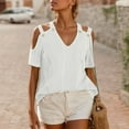 thumbnail image 2 of MIXUE Boho Tops For Women Summer Striped Print Solid Color V Neck Off Shoulder Short Sleeve Sexy Fashion T-shirts Activewear,White,S, 2 of 6
