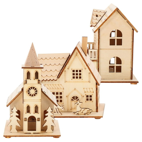 Soimiss 3pcs House Shape Miniature Houses Light Brown Wood Structure for Decorative Item Use