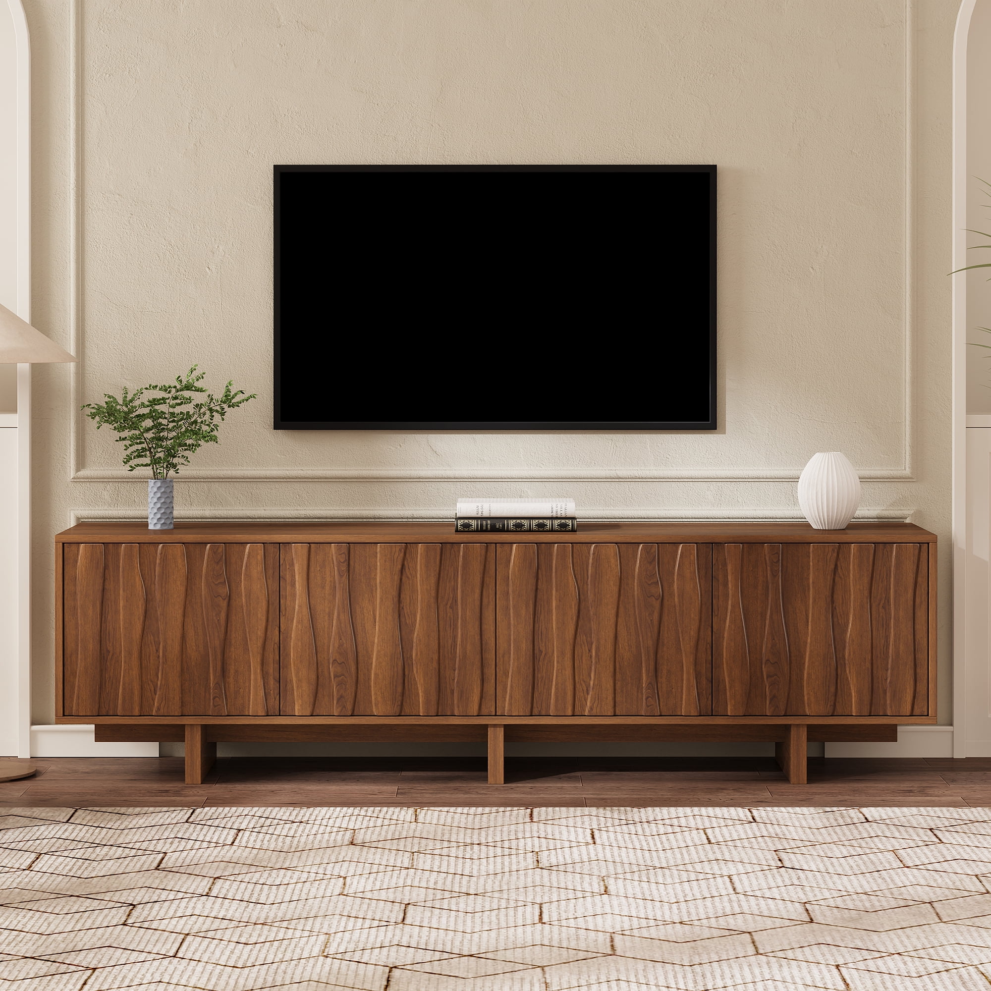 Euroco Retro Style Wood Grain TV Stand with Wavy Door Design for TVs up to 75", Rustic Media Console with Ample Storage Space, Sturdy Base TV Cabinet with Cable Management
