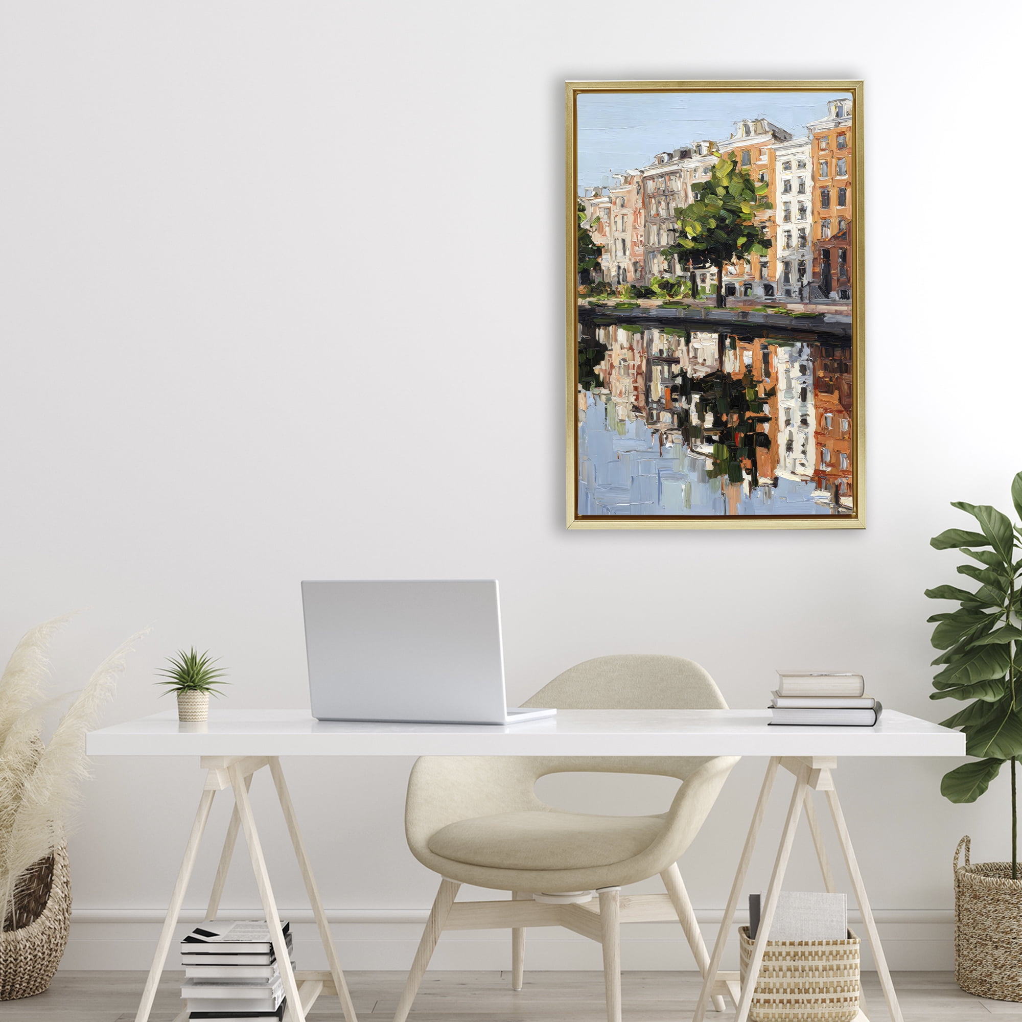 Stupell Industries Waterside Apartments on Canal Gold Framed Floater Canvas Wall Art, design by Petal Prints Design