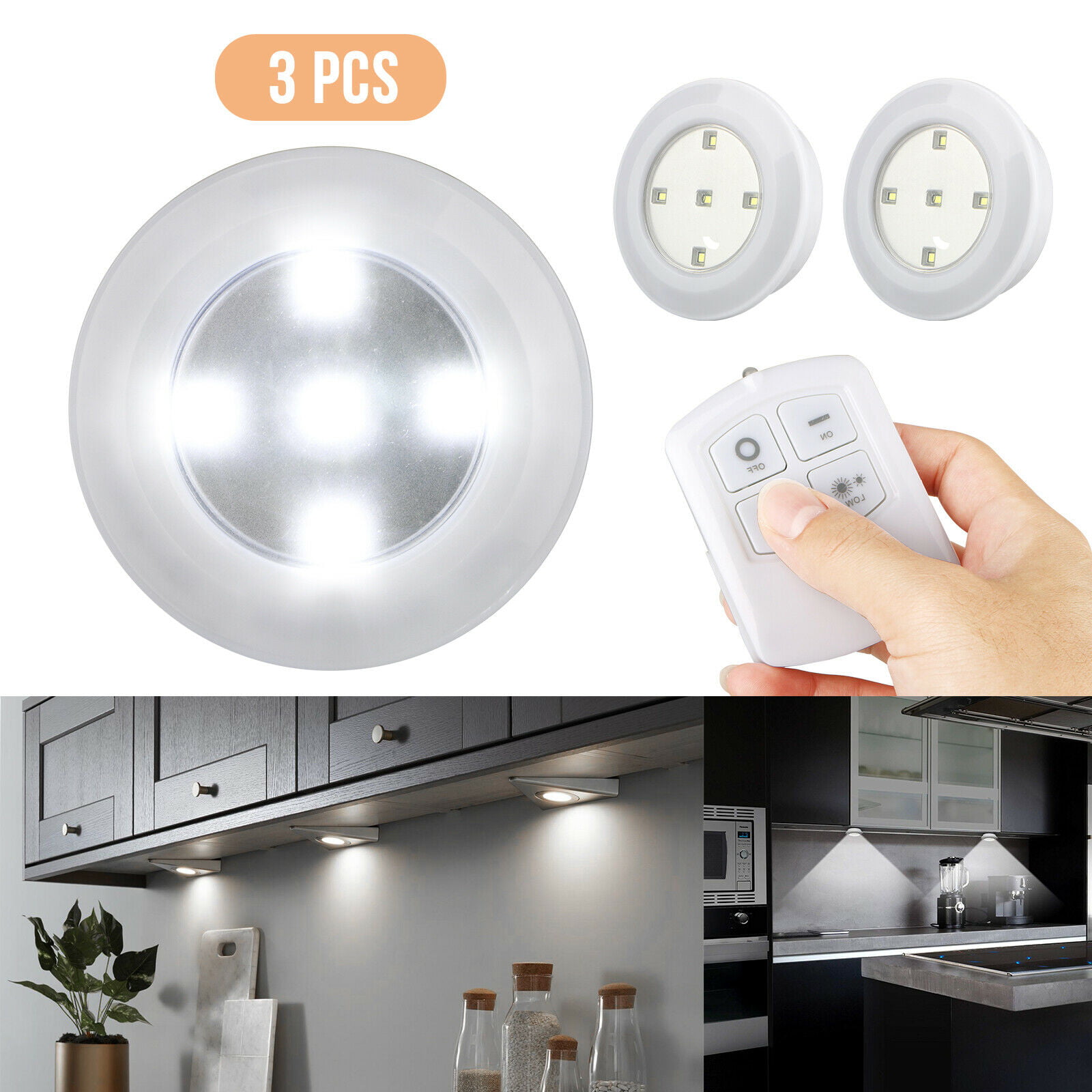 3PCS LED Puck Light With Remote Control Under Cabinet Lights for Kitchen Counter 