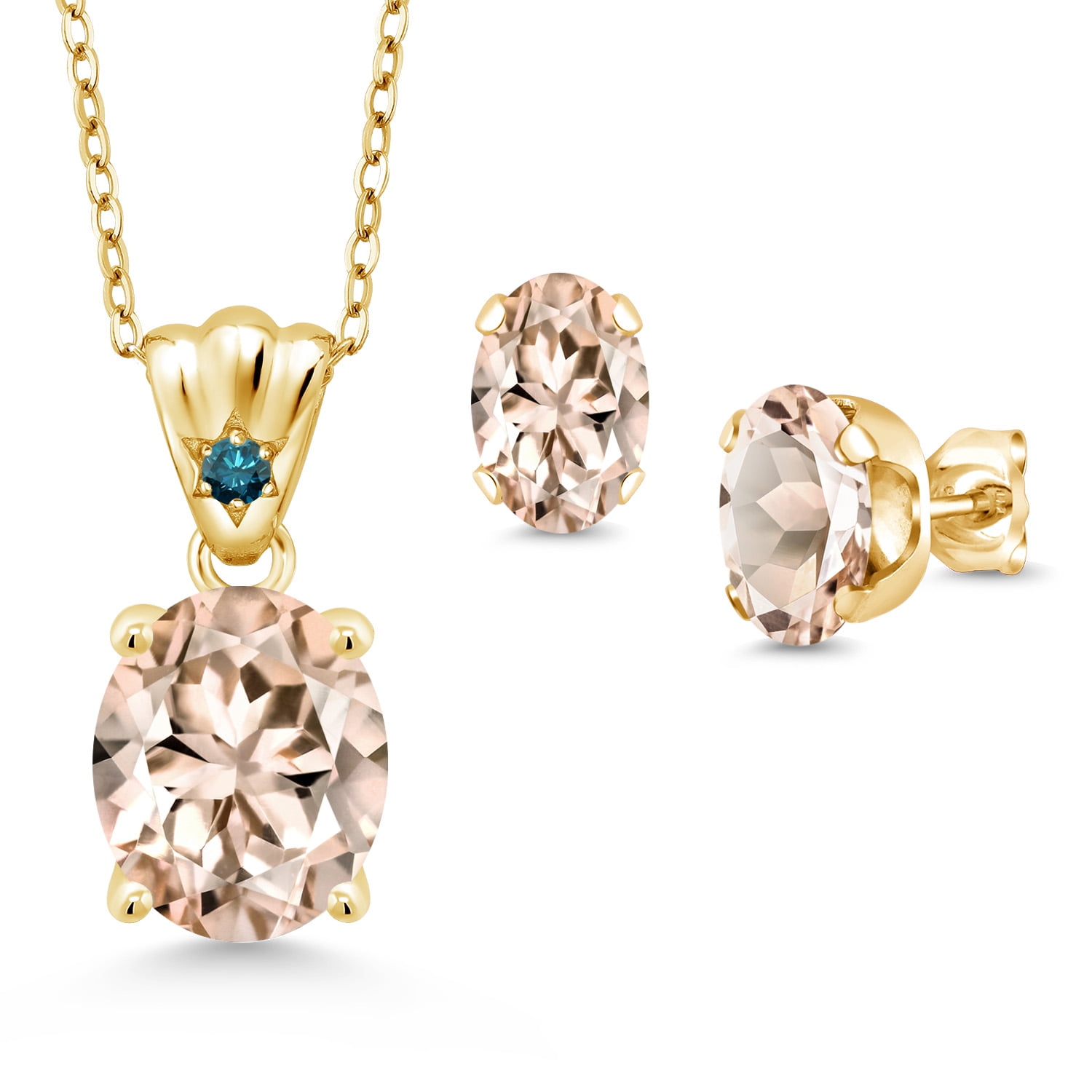 18K Yellow Gold Plated Silver Peach Morganite and Blue Diamond Pendant and Earrings Jewelry Set for Women (5.23 Cttw, Gemstone Birthstone, Oval 11X9MM and 8X6MM with 18 inch Silver Chain)