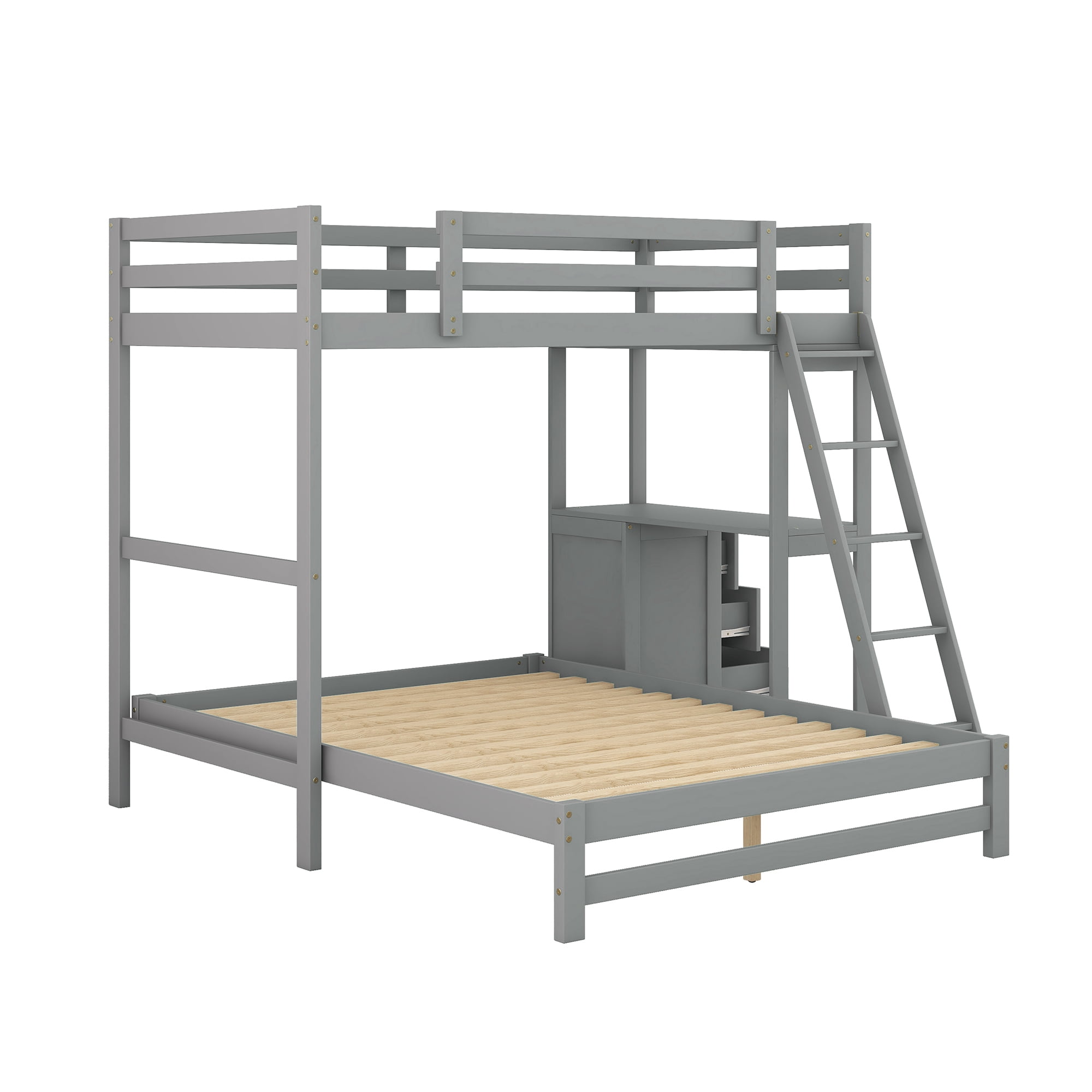 EUROCO Twin over Full Bunk Bed with Desk and Drawers for Kids Teens Room, Gray