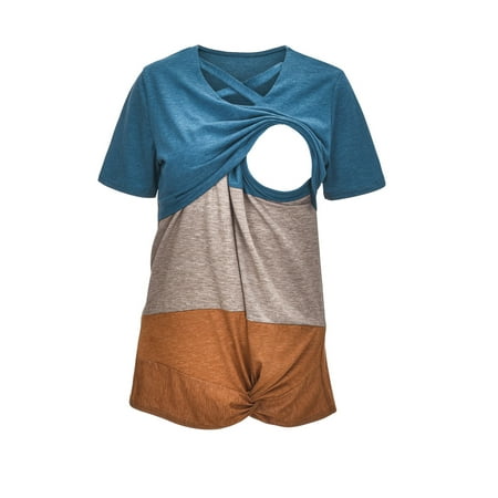 

UMfun Layered Nursing Top Women s Maternity Pocket Nursing Solid Color Stitching Top