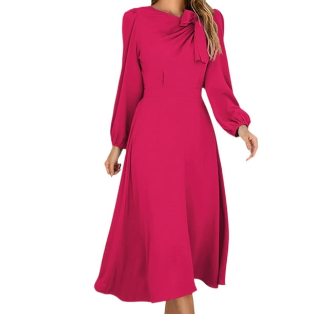 Bellella Ladies Plain Dress Solid Color Front Bowknot Midi Dresses